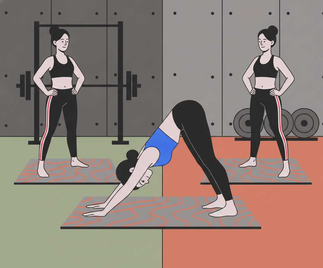 Stillleben: Moderne Yogamatte liegt aufgerollt neben einer wissenschaftlichen Grafik mit Herzfrequenz-Messungen und Wellness-Diagrammen auf hellem Schreibtisch