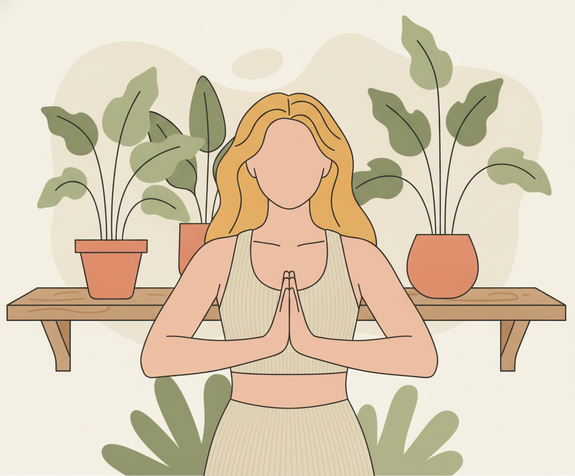 Illustration einer Person in ruhiger Meditationshaltung vor einem Fenster mit Morgenlicht und Pflanzenmotiven