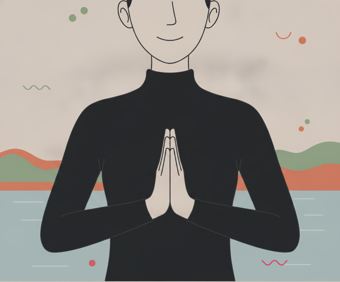 Illustration shows a smiling person in black turtleneck, hands in prayer. Abstract background: beige sky, green/orange land,