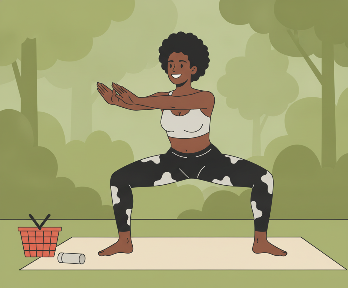 Illustration einer Frau in Utkatasana (Stuhlpose) auf einer Yogamatte mit aktiviertem Rumpf