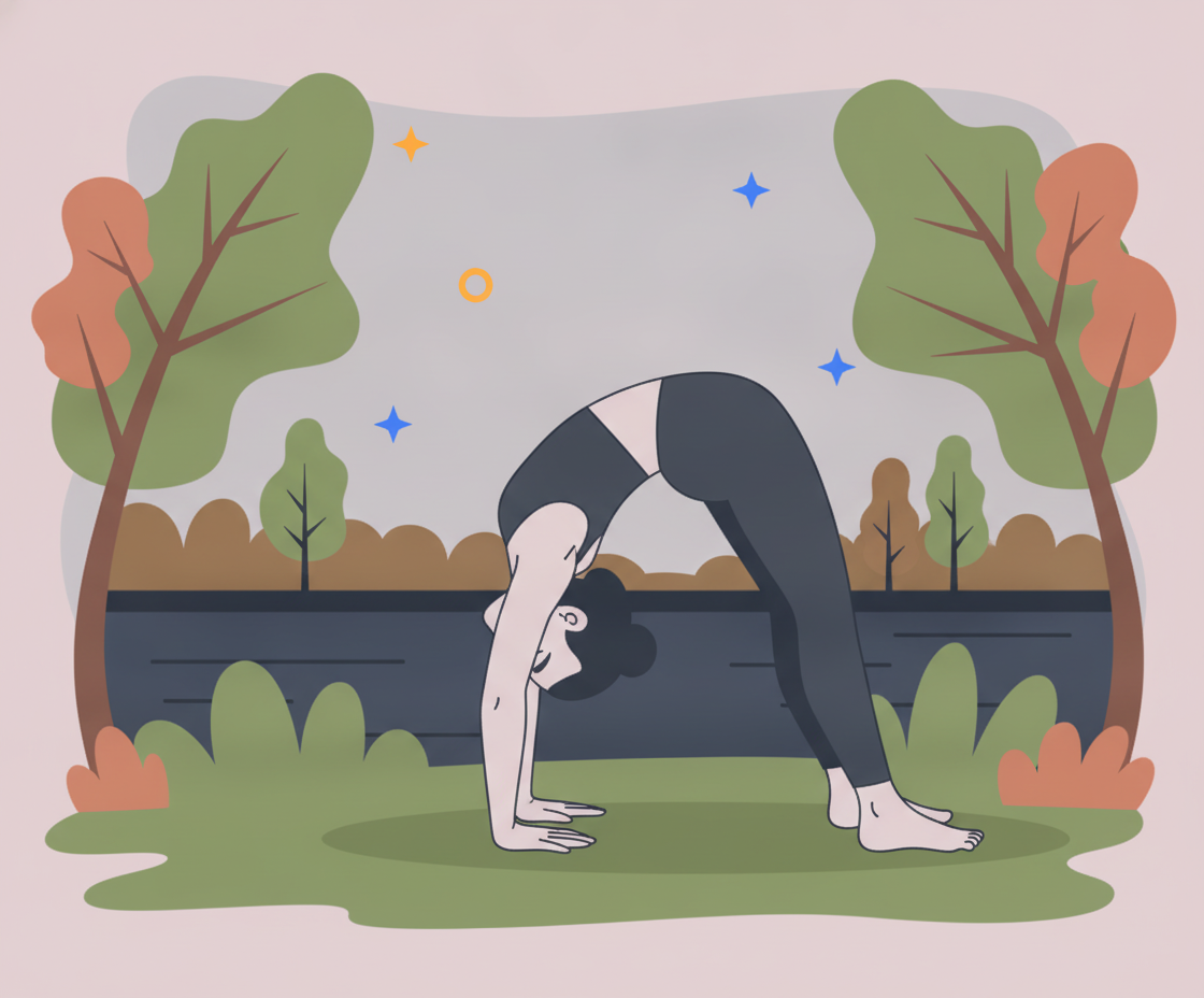Illustration einer Person in Urdhva Dhanurasana (Radpose) mit nach oben geöffnetem Brustkorb