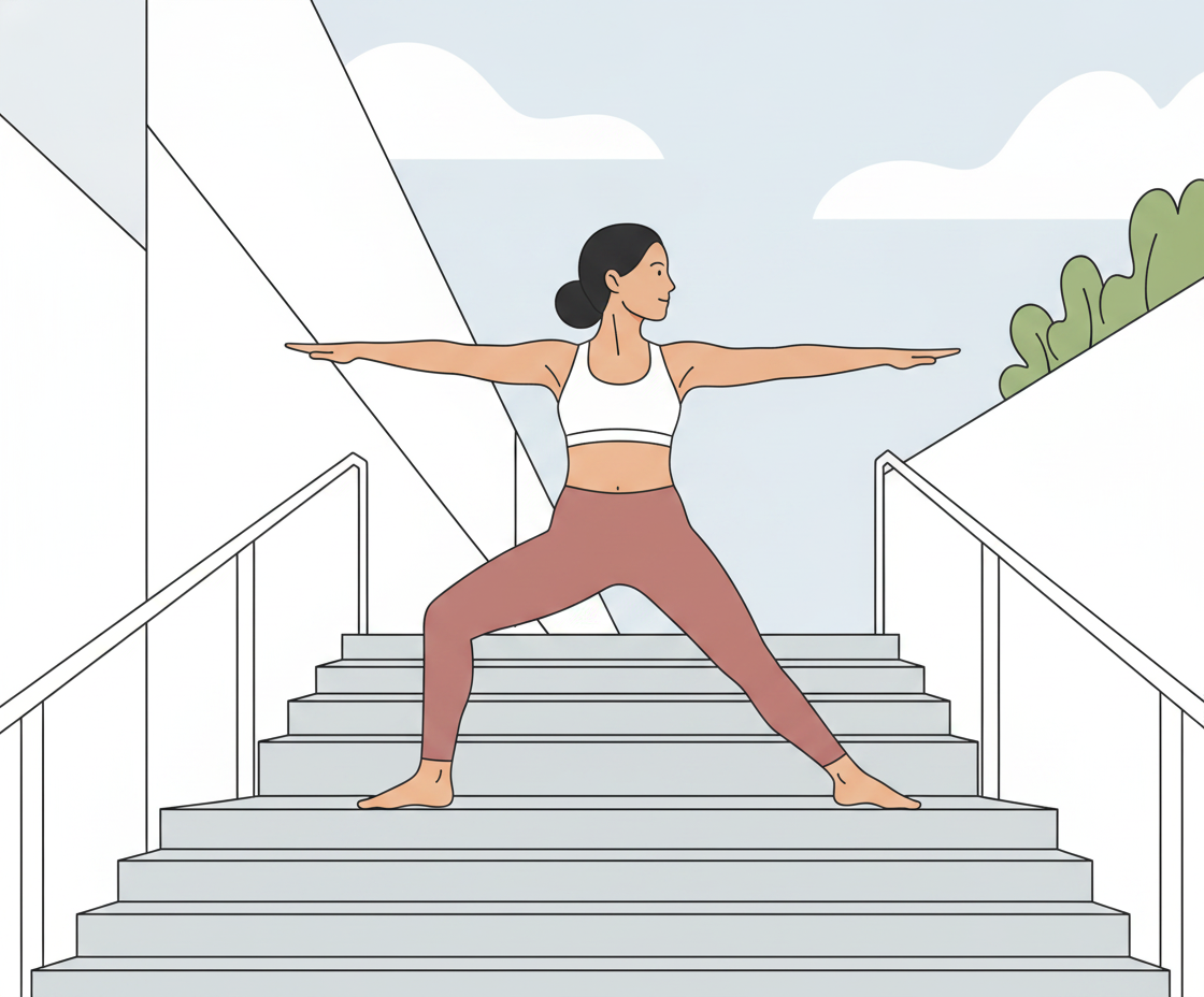 A woman in a white sports bra and rust leggings performs a yoga Warrior II pose on gray stairs with white railings. She