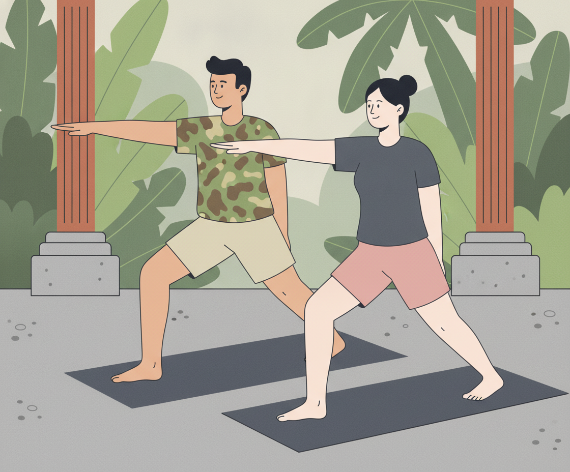 Illustration of a man in Virabhadrasana II (Warrior II pose) with outstretched arms and a stable stance