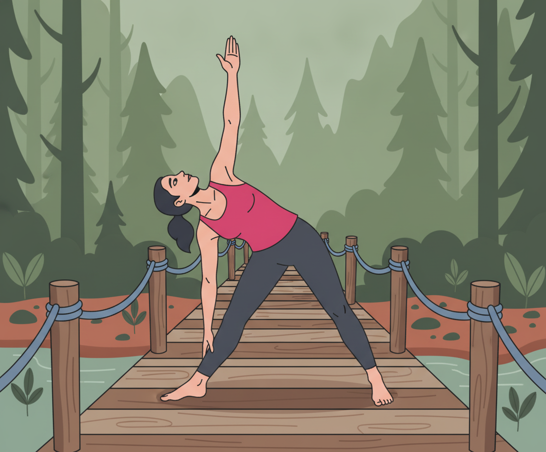Illustration einer Frau in Trikonasana (Dreieck-Pose) mit ausgestreckten Armen auf einer Yogamatte