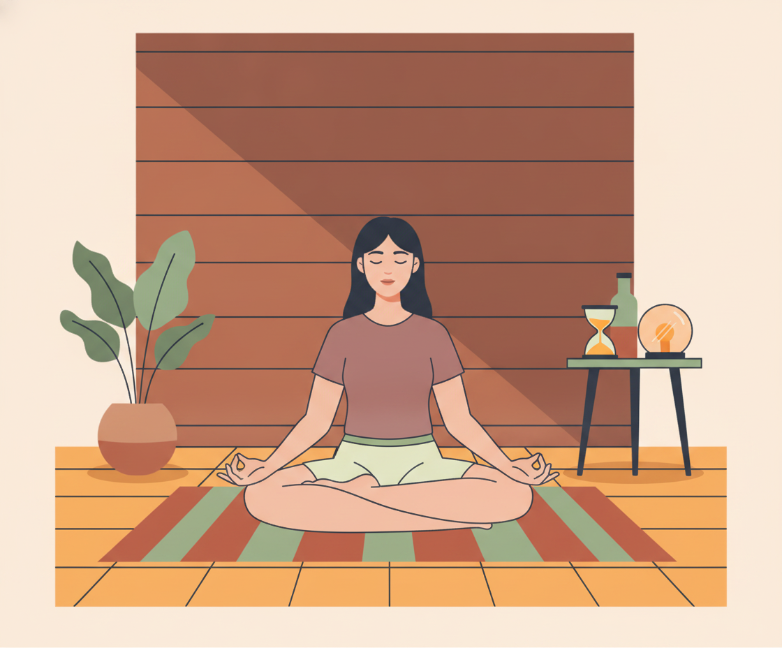 Illustration of a woman in a meditation posture with closed eyes, sitting on a yoga mat