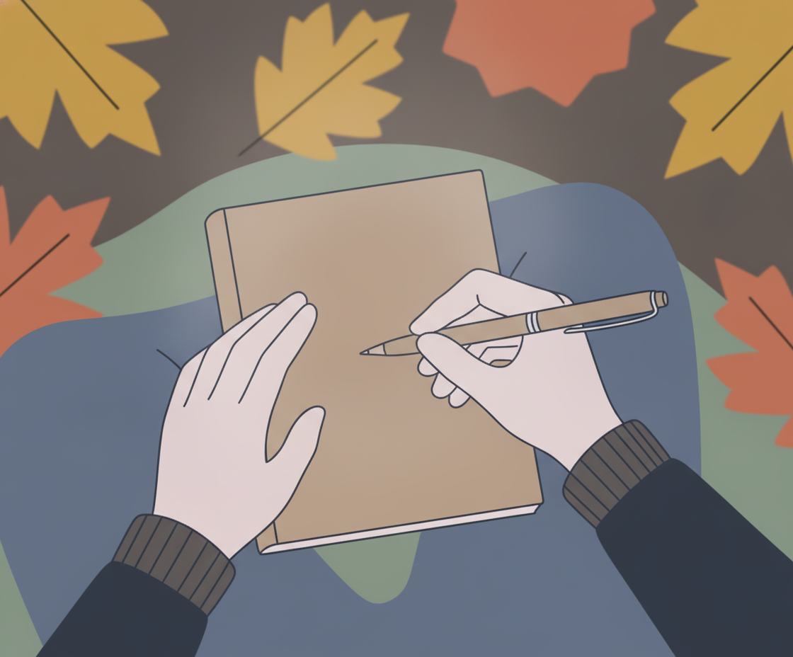 Stillleben: offenes Tagebuch mit Stift, eine Kerze und ein Stein auf heller Textilunterlage, symbolisierend innere Reflexion und tägliche Praxis