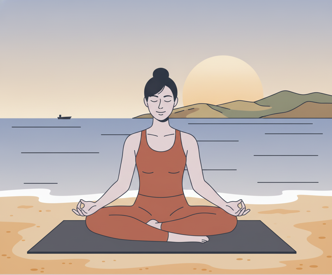 Illustration of a yoga practitioner in an upright seated posture (Sukhasana) on a mat with a relaxed expression