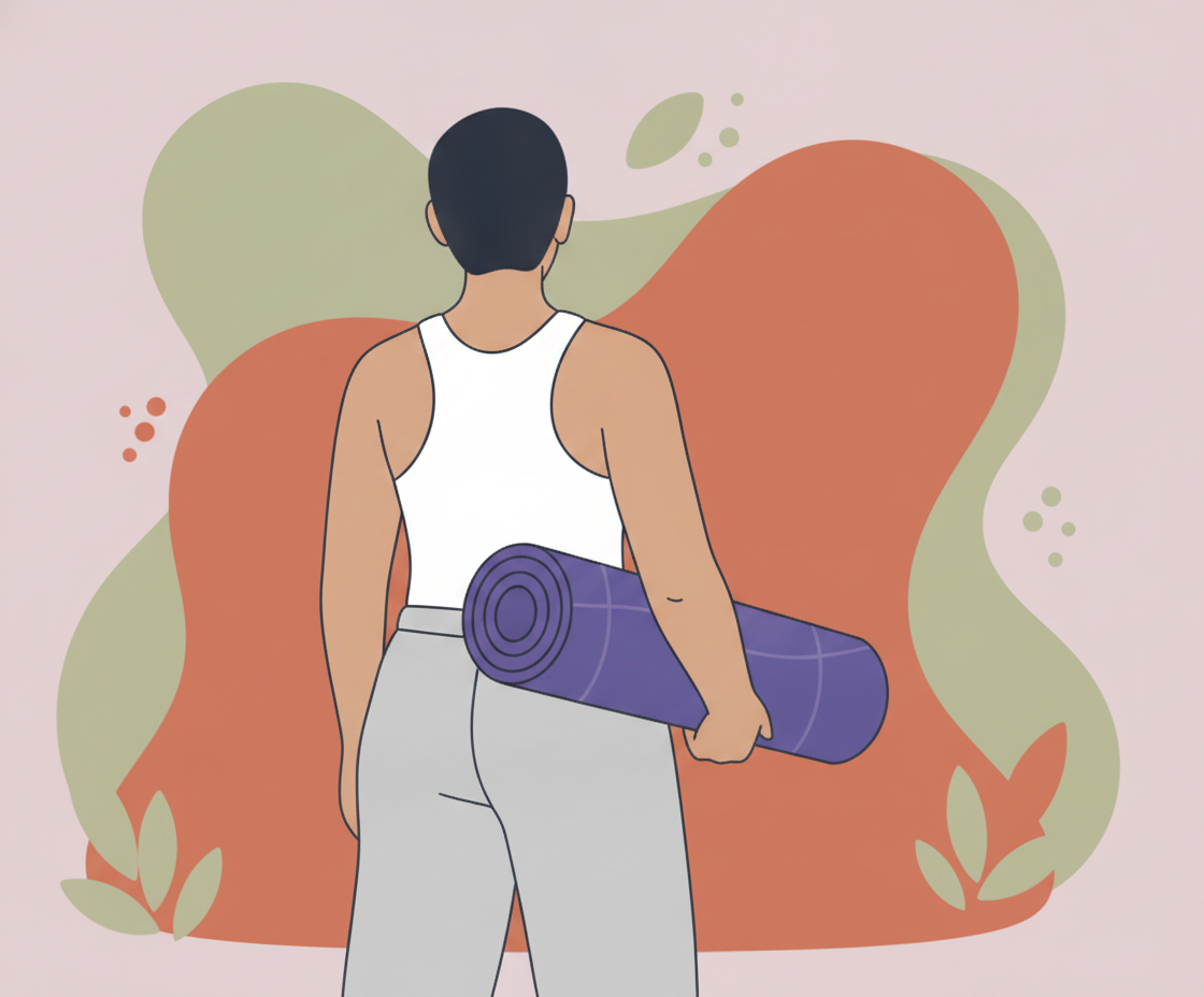 Illustration einer ruhigen Naturszene: aufgerollte Yogamatte auf Gras, morgens Licht, Atemzyklen in der Luft