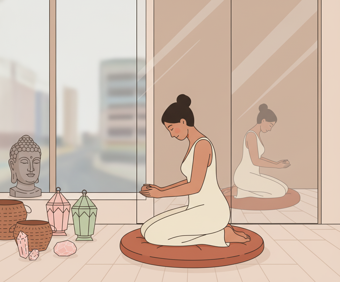 Illustration einer Person in aufrechter Sitzhaltung mit innerem Glühen zwischen den Augenbrauen