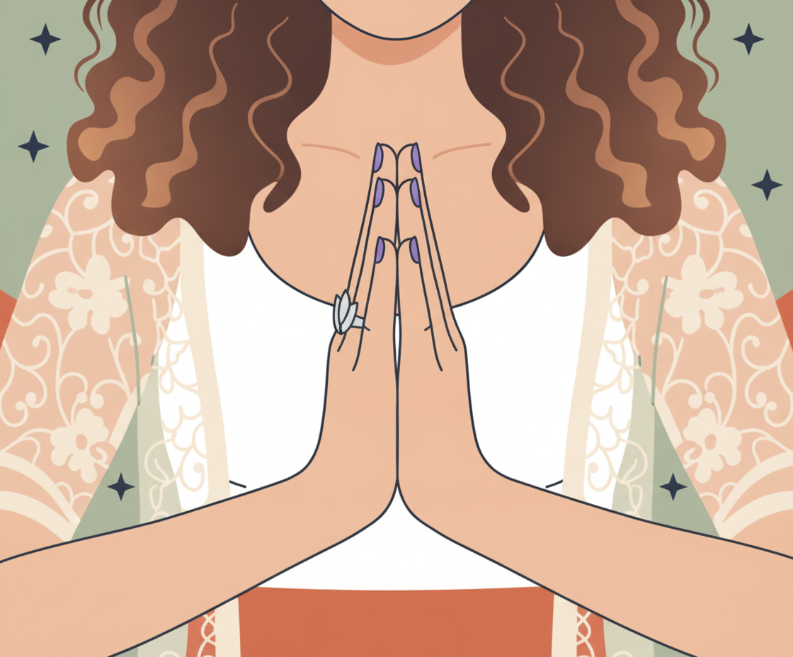 Illustration von Händen in Pranayama-Position mit sichtbaren Energieflüssen und feinen Atemlinien