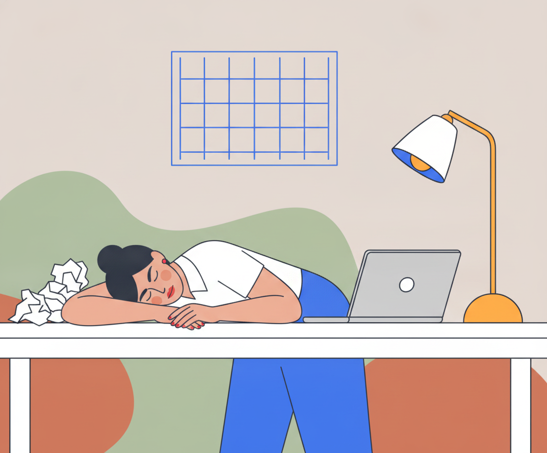 Illustration einer Frau in Büroumgebung, die sich müde an ihrem Schreibtisch anfühlt