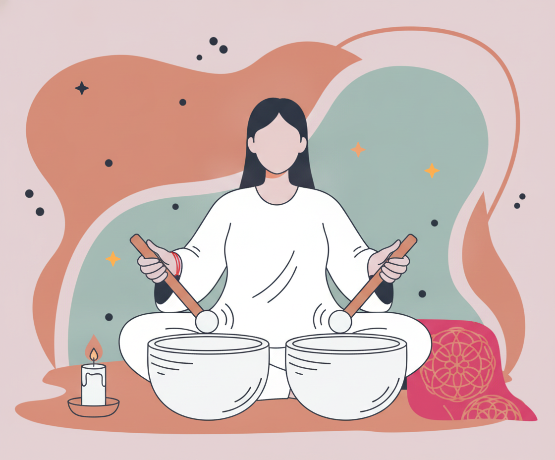 Illustration einer Frau sitzt mit geschlossenen Augen vor einer großen Klangschale, von der Schallwellen ausgehen