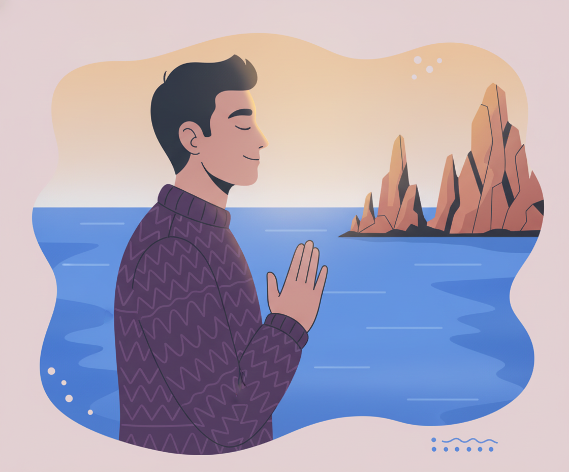 Illustration einer Person in ruhiger Meditationshaltung draußen in der Natur bei Sonnenaufgang, mit strahlendem inneren Glanz und energetischer Ausstrahlung