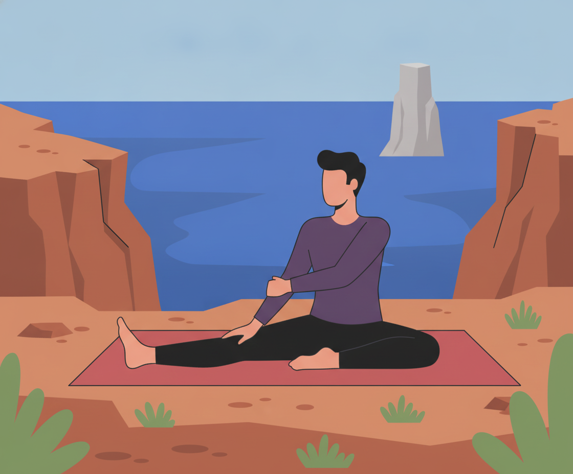 Illustration of a person in a seated twist (Bharadvajasana) on a chair, with rotation of the spine