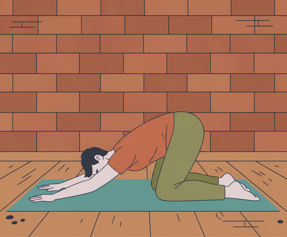 Illustration of a person lying on their back in heart-melting pose with hips elevated on a bolster, chest open and vulnerable, in a dimly lit room with soft candlelight