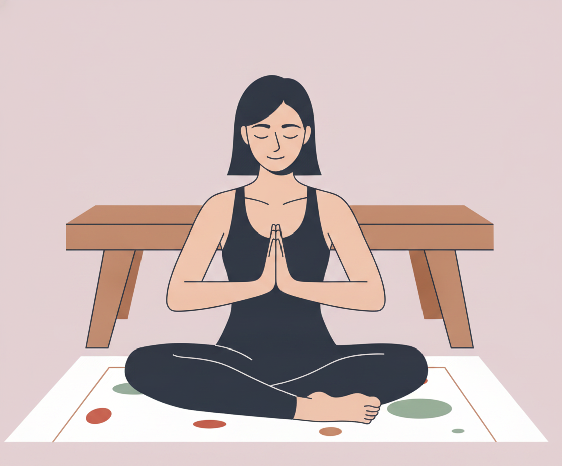 Illustration einer Frau in meditativer Pose mit sanftem Gesichtsausdruck, Hand am Herzen