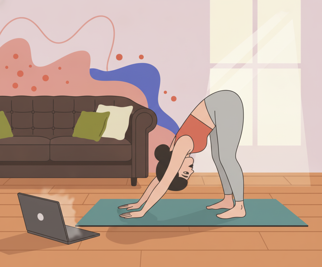 Illustration einer Frau in Herabschauender-Hund-Pose auf einer Matte mit fließenden Bewegungen