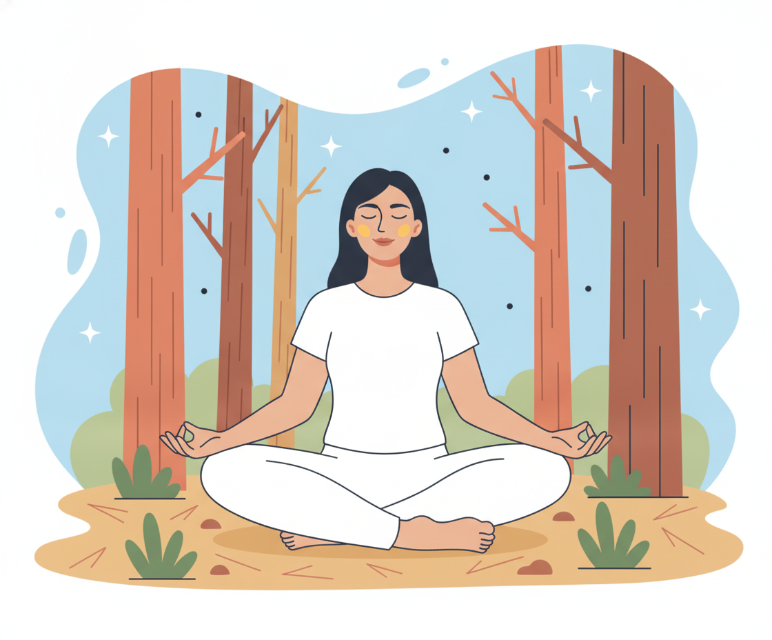 Illustration einer Frau in Padmasana-Lotus-Pose auf Yogamatte, umgeben von subtilen Lichtstrahlen und Ruhe