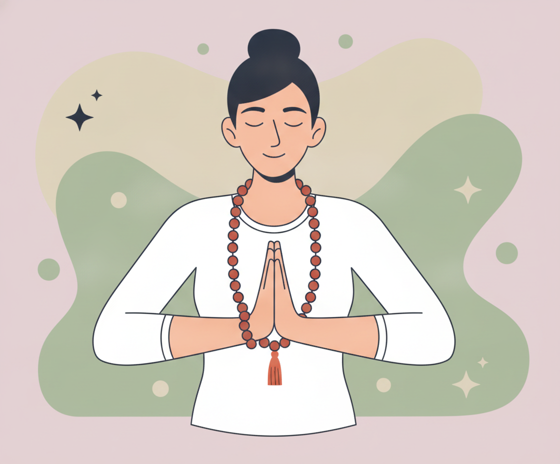 Detailillustration von zwei Händen, die die Lotus-Position (Padmasana) ausbilden – Finger präzise positioniert, warmes goldenes Licht auf der Handfläche