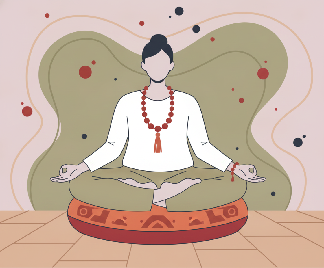 Illustration eines Yogis in entspannter Positur auf Meditationskissen, mit ausdrucksvollem, friedlichem Gesicht