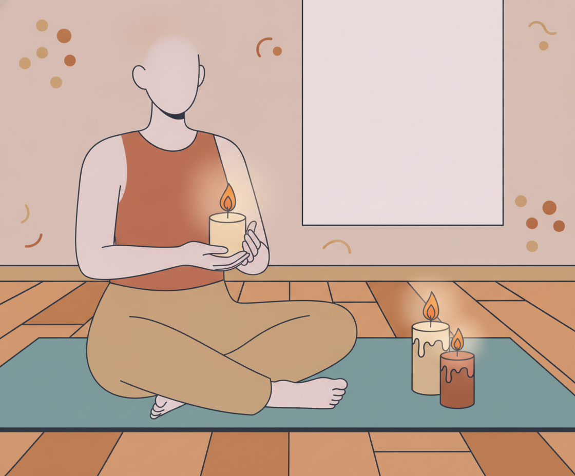 Illustration eines ruhigen Yogastudios mit Person in entspannter Haltung, warmes Licht, Kerzen