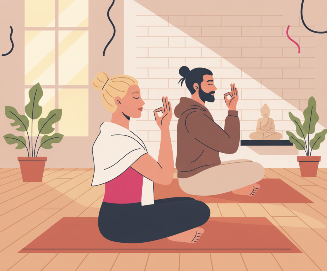 Illustration eines Mannes in Meditationshaltung mit bewusster Atemtechnik