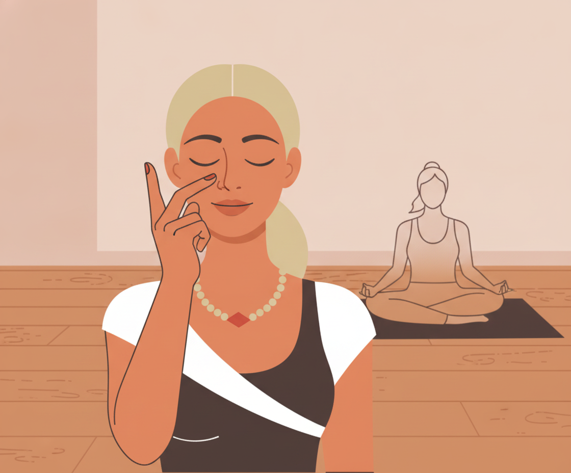 Illustration einer Frau in Sitzposition, die Nadi Shodhana Pranayama mit Nasenflügel-Verschluss durchführt