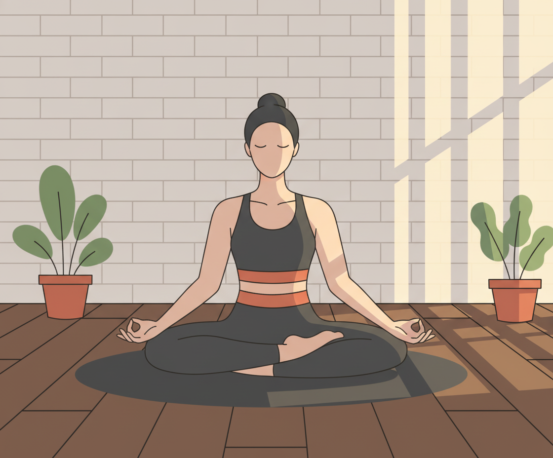 Illustration einer Frau in Lotussitz während Shavasana-ähnlicher Entspannung mit innerer Leuchtung