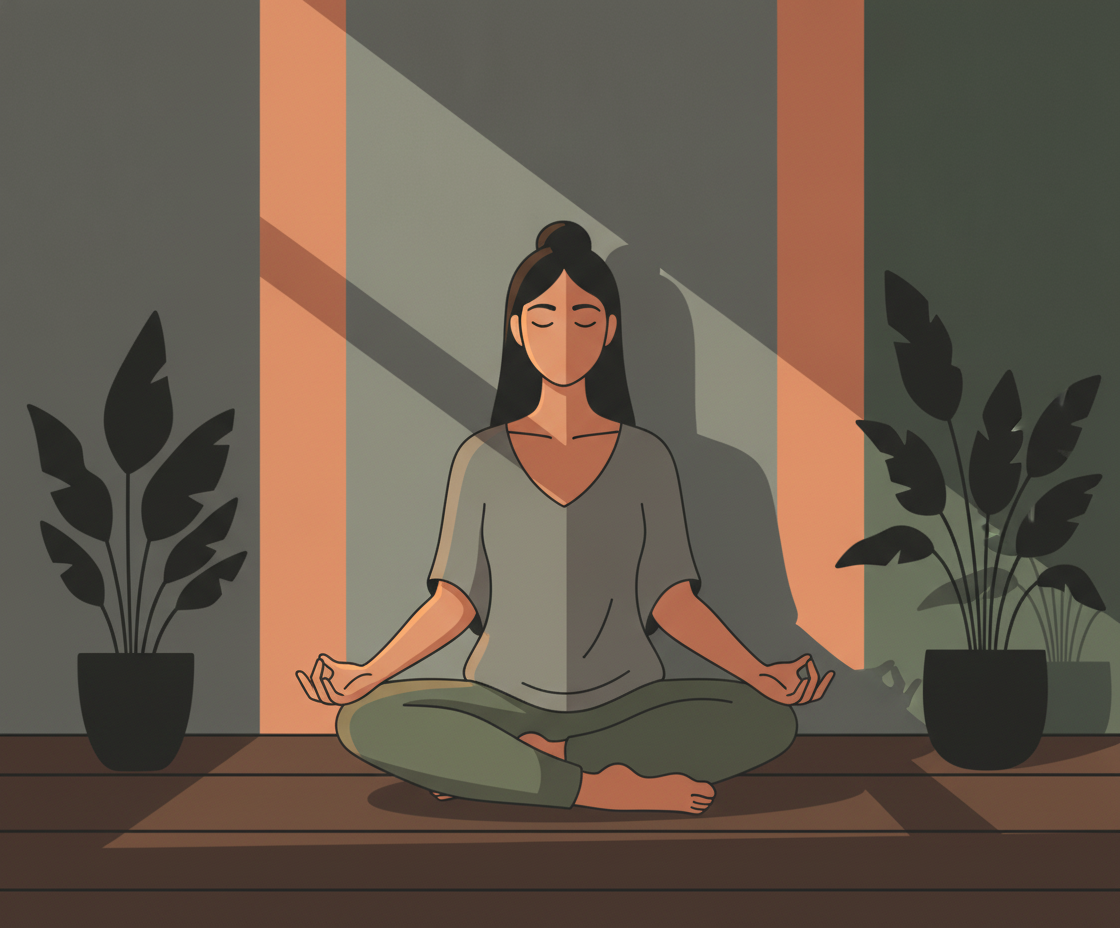 Illustration einer Frau in Lotussitz auf einer Yogamatte mit geschlossenen Augen in meditativer Haltung