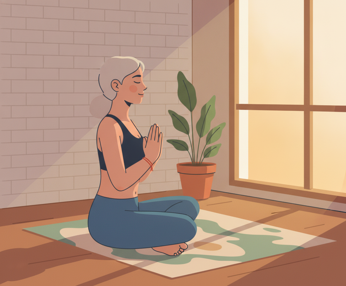 Illustration einer Frau in Yoga-Asana mit fokussiertem Blick und Konzentrationssymbol