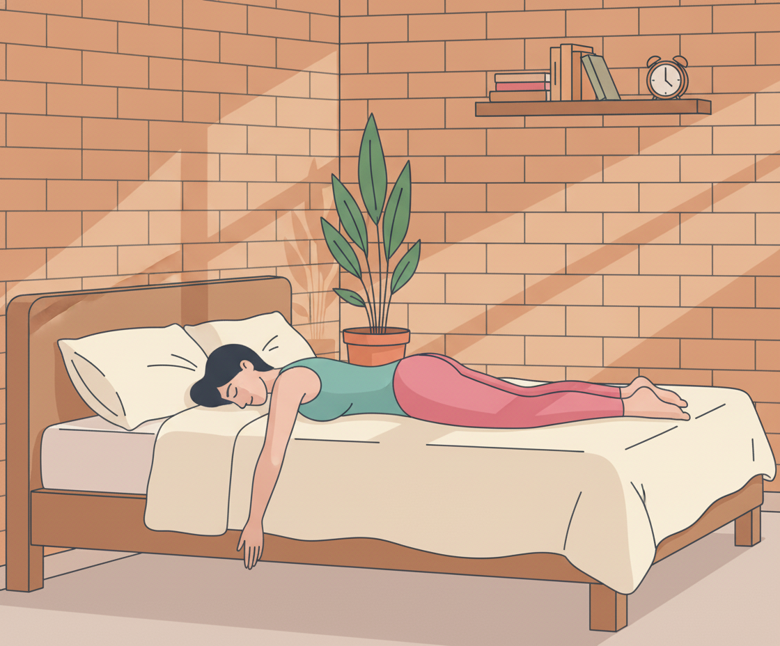 Illustration einer Frau in liegender Savasana-Position auf Yogamatte, entspannt, mit sichtbarem inneren Licht und Friedlichkeit