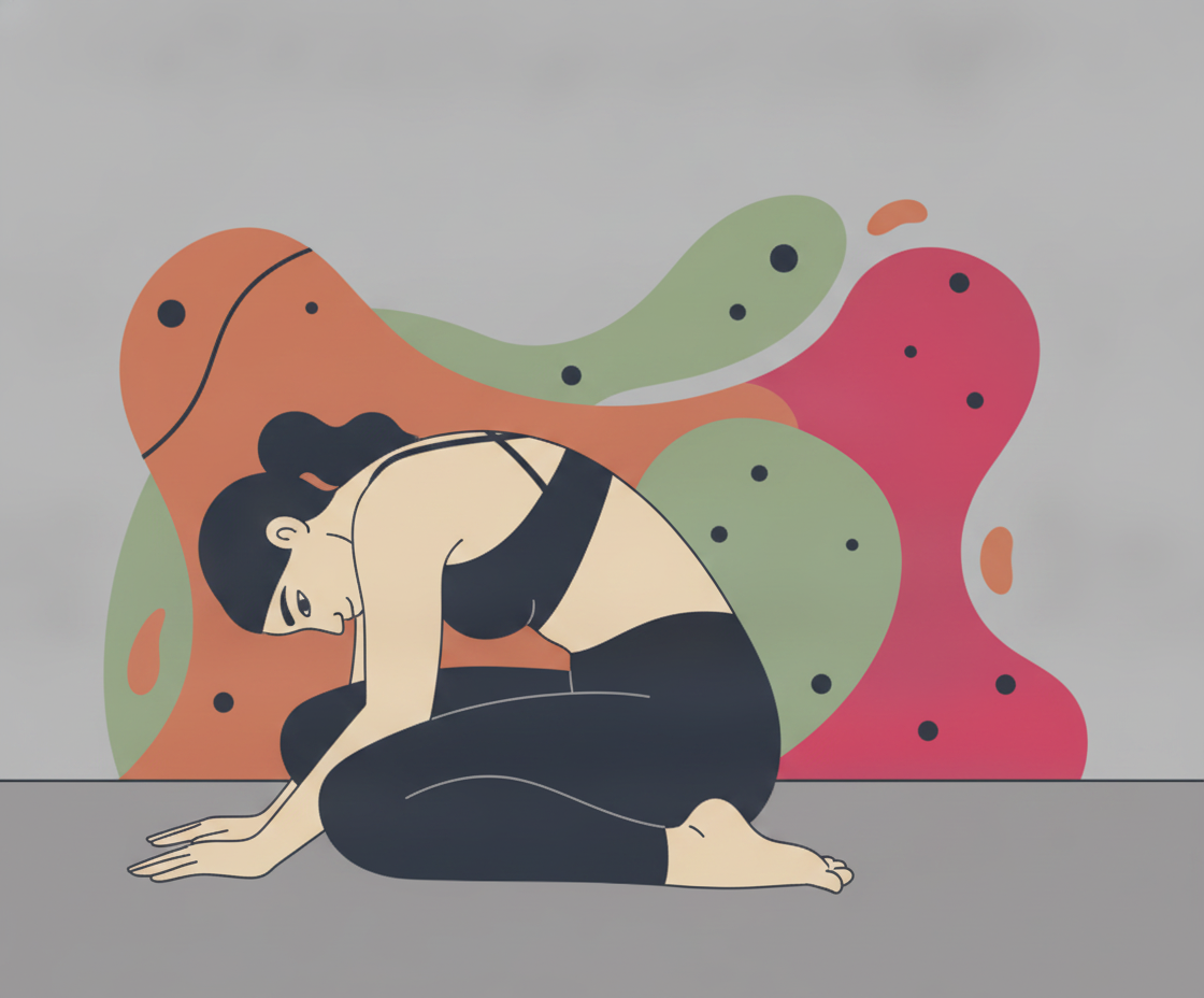 Illustration einer Person in Happy Baby Pose (Ananda Balasana) auf einer Yogamatte, mit entspanntem, spielerischem Gesichtsausdruck