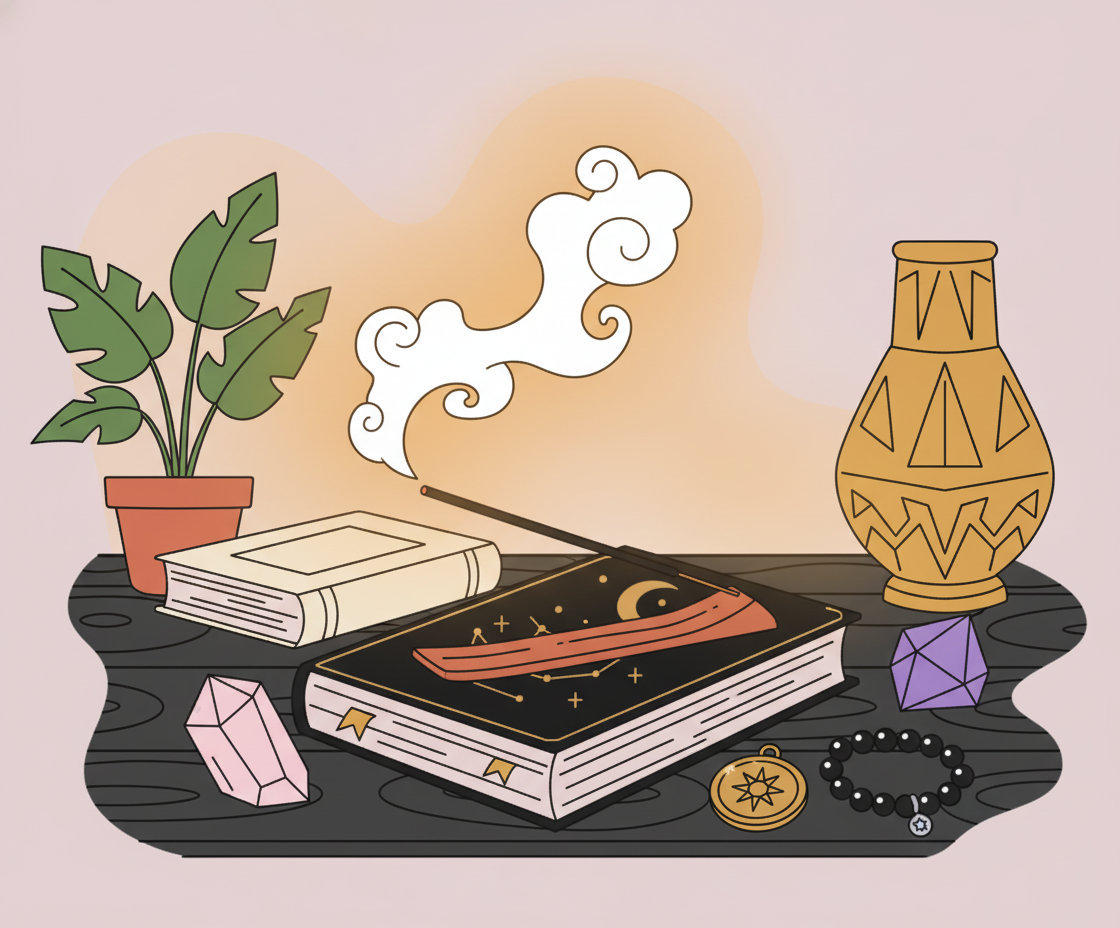 Illustration von Yoga-Requisiten – Meditationskissen, Räucherstäbchen und offenes Buch – auf natürlicher Holzoberfläche bei diffusem Licht