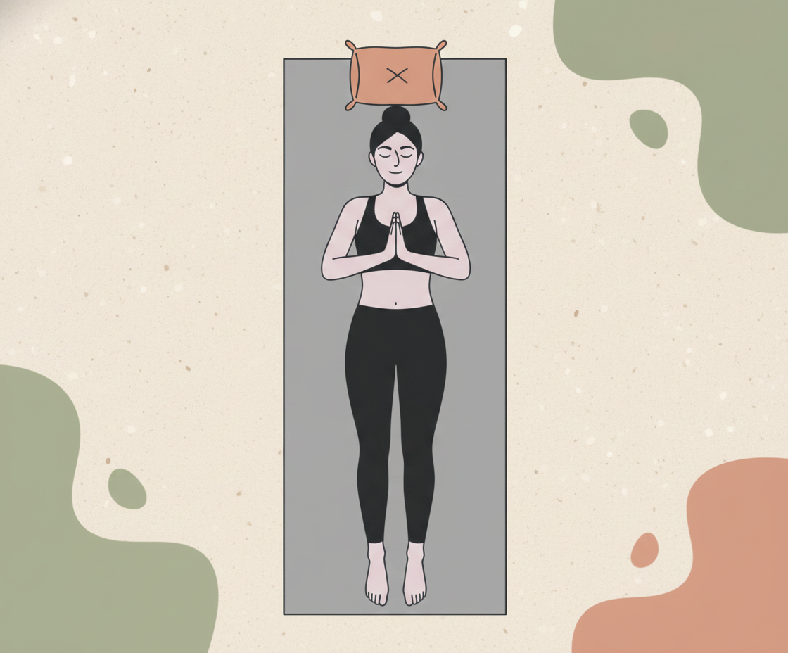 Illustration einer Person in Ananda Balasana (Happy Baby Pose) auf einer Yogamatte, Körper entspannt, Arme umfassen die Knie