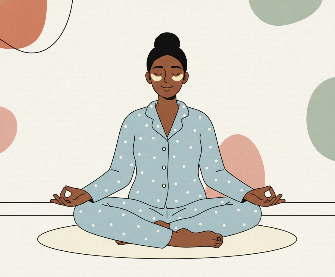 Illustration einer Person in aufrechter Sitzhaltung, umgeben von sanftem Licht und abstrakten Symbolen der inneren Erleuchtung