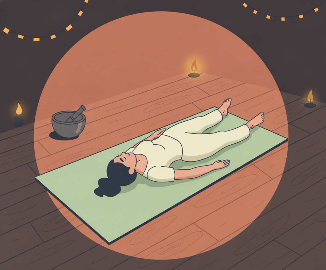 Illustration eines Mannes in Savasana-Pose auf einer Matte mit Berglandschaft im Hintergrund