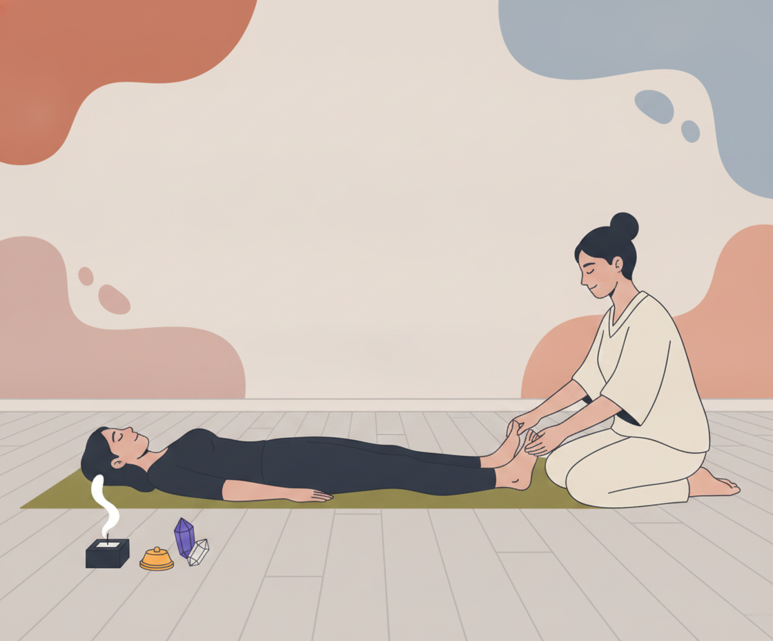 Illustration of a person lying calmly during Yoga Nidra with soft light and a relaxed facial expression