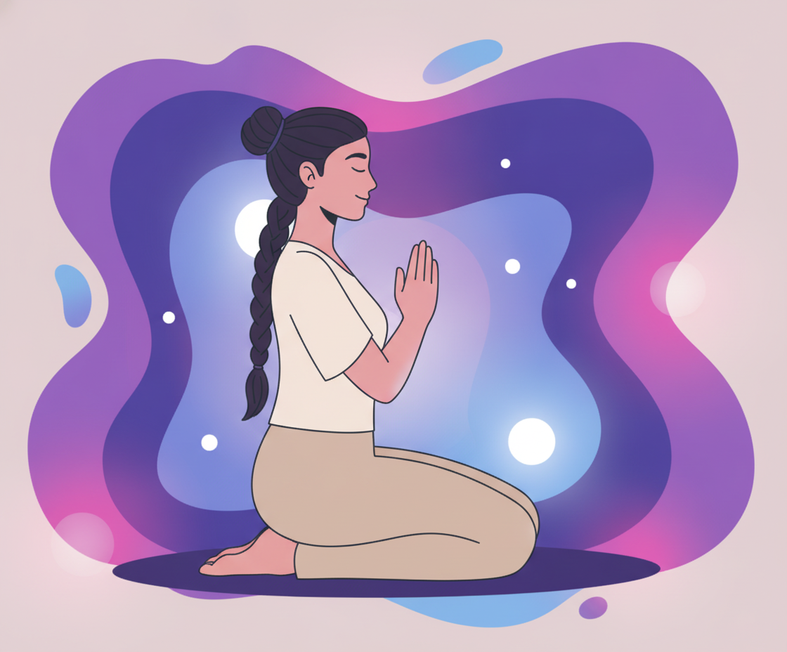 Illustration einer Person in Meditationshaltung mit leuchtenden Nervenbahnen, die Amygdala und Präfrontalkortex zeigen