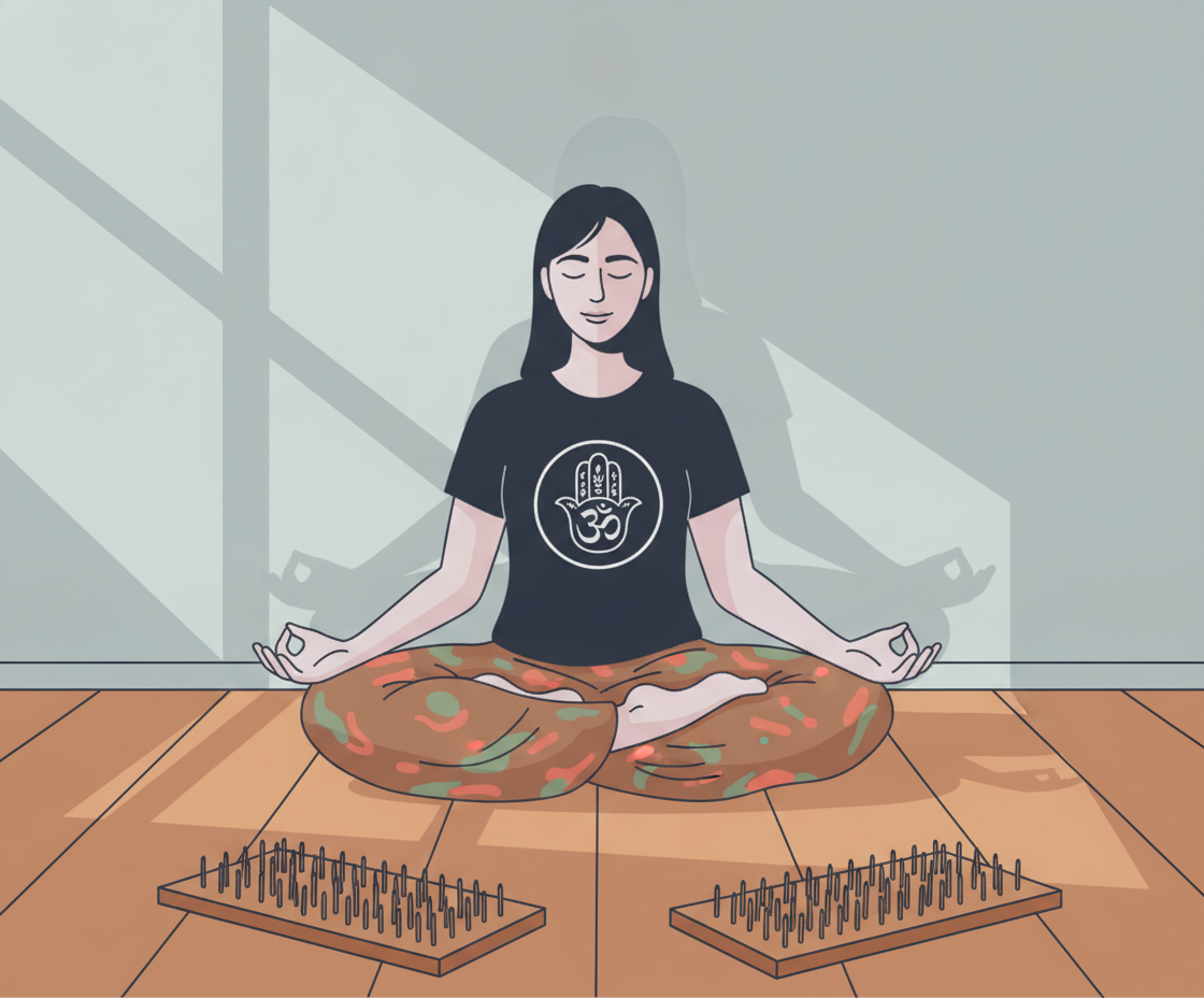 Illustration of a woman in meditation, surrounded by glowing Hindu symbols and mandalas