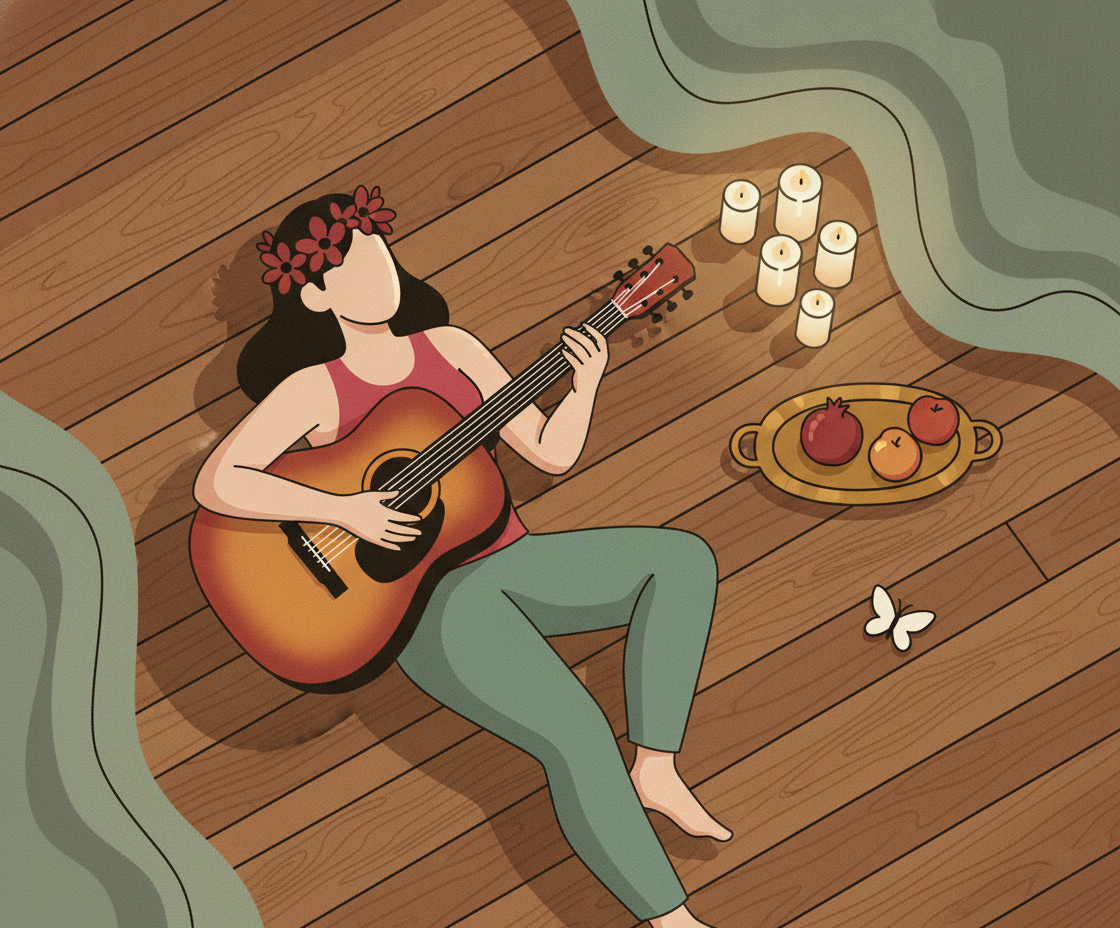 Illustration einer Veena und heiliger Gegenstände auf Holztisch, umgeben von Marigoldenblüten und Räucherstäbchen