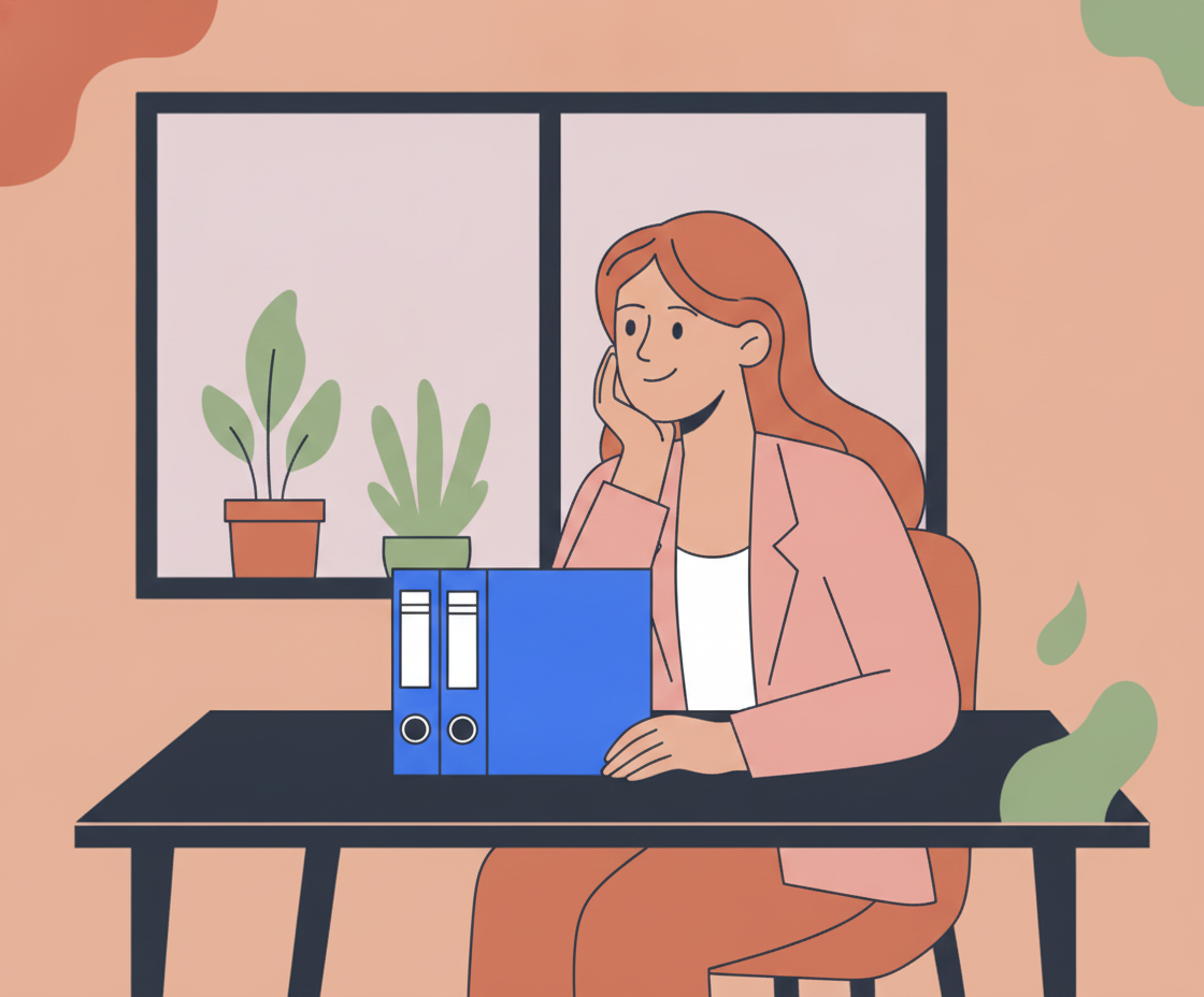 A smiling woman with long reddish-brown hair sits at a desk, her chin resting on her right hand. She wears a light pink