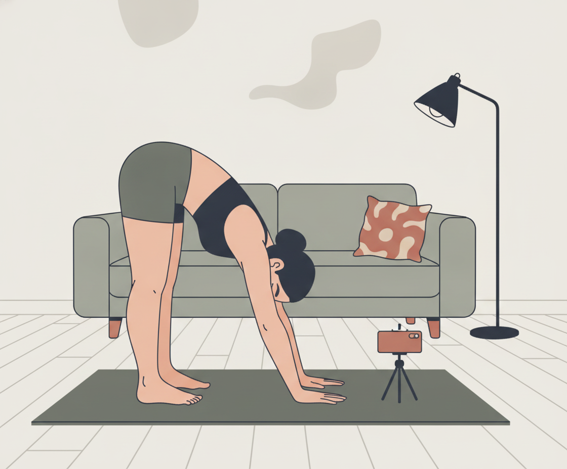 Illustration einer Person in Vorbeuge-Position mit leuchtenden Nervenbahnen im Körper, Neurowissenschaft visualisiert