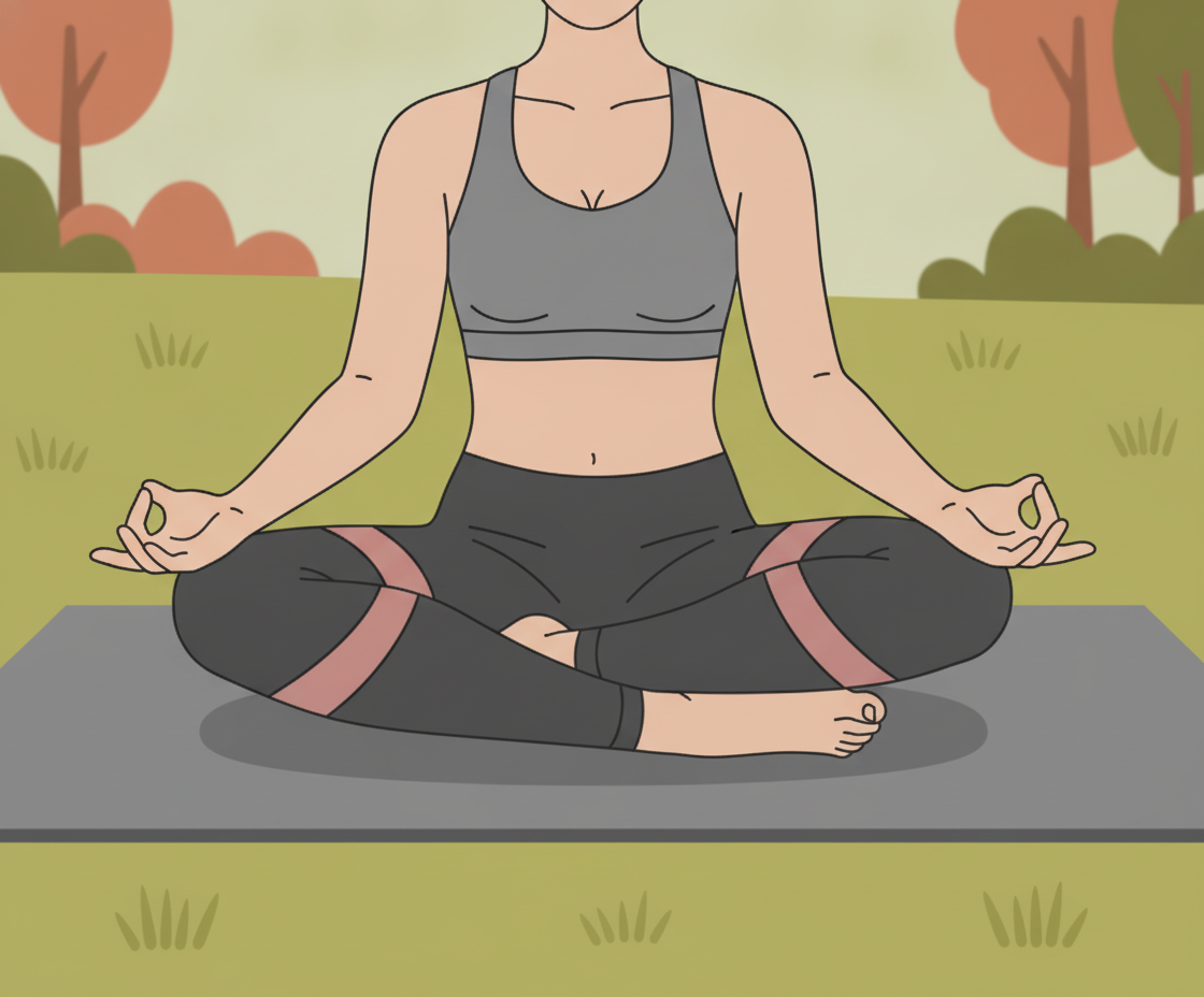 Illustration einer Person in Meditation auf einem Kissen mit anatomischer Darstellung der korrekten Wirbelsäulenausrichtung