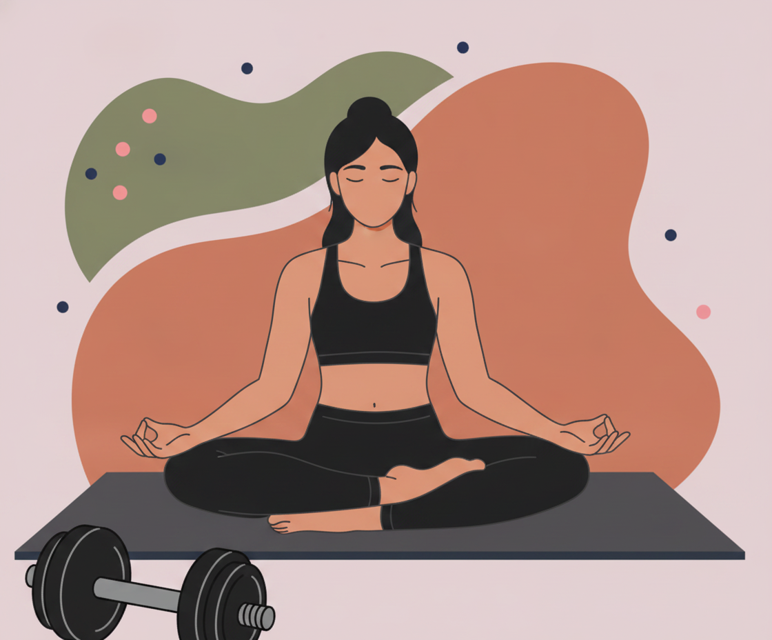 Illustration einer Person in aufrechter Sitzhaltung auf Yogamatte, Wirbelsäule leuchtend, subtile Energieströme sichtbar