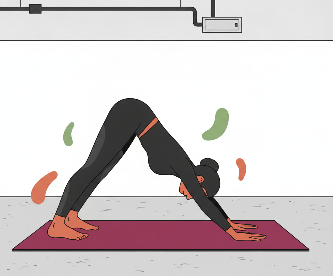 Illustration einer Person in Adhomukha Shvanasana (Herabschauender Hund) auf einer Yogamatte