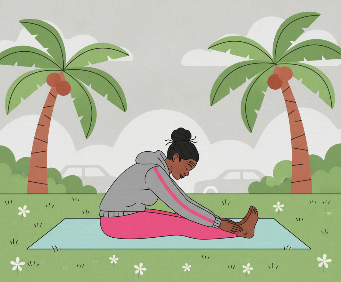 Illustration einer Frau in tiefer Vorbeuge-Haltung auf Yoga-Matte mit See und Himmel dahinter