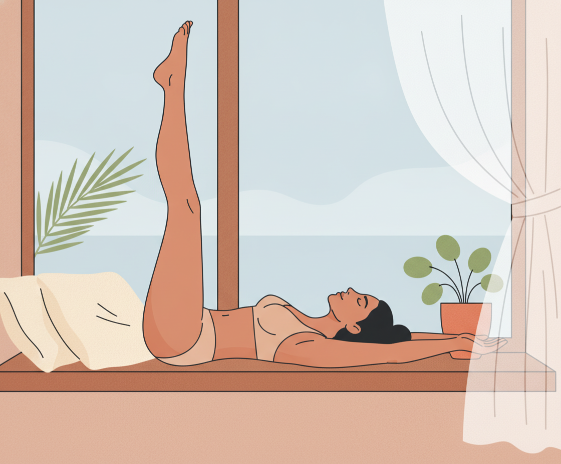 A woman on a window sill, one leg up, eyes closed, arms out. Pillow, potted plant, and curtain visible.