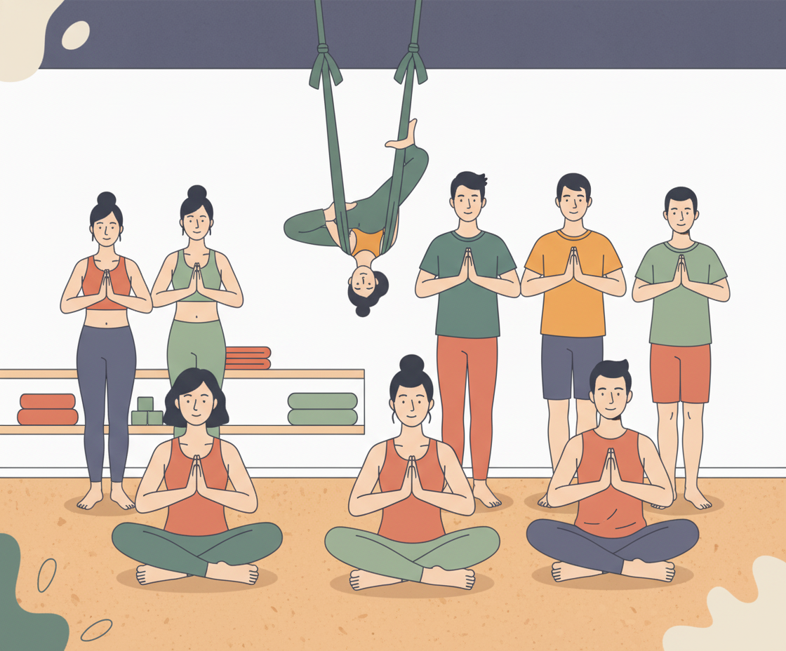 Illustration of a diverse yoga group with people of various mobility together on mats and chairs