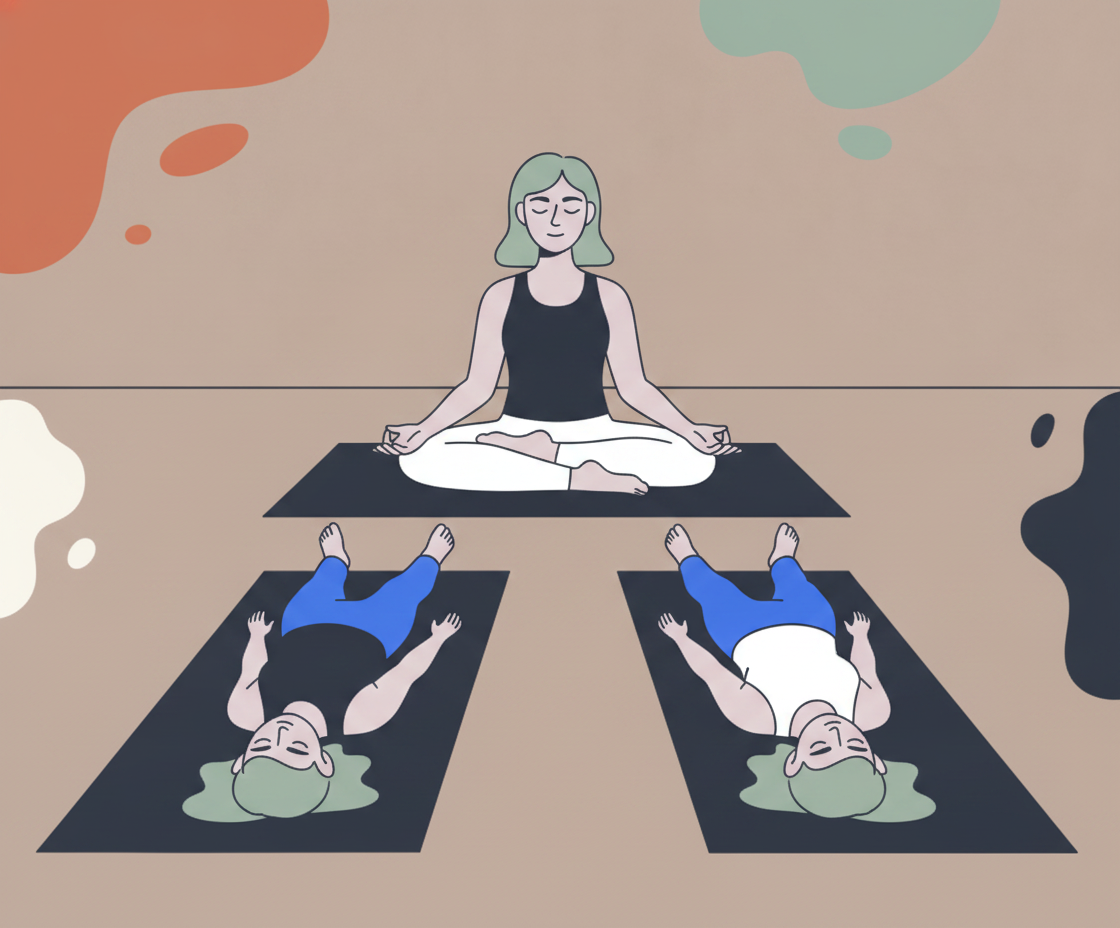 Illustration einer Person in Savasana-Pose auf einer Yogamatte, völlig entspannt und loslassend