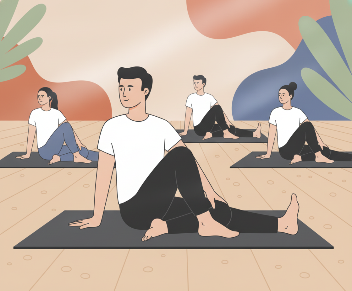 Illustration of a person in a yin yoga position on a yoga mat, deep breaths depicted by gentle lines around the body